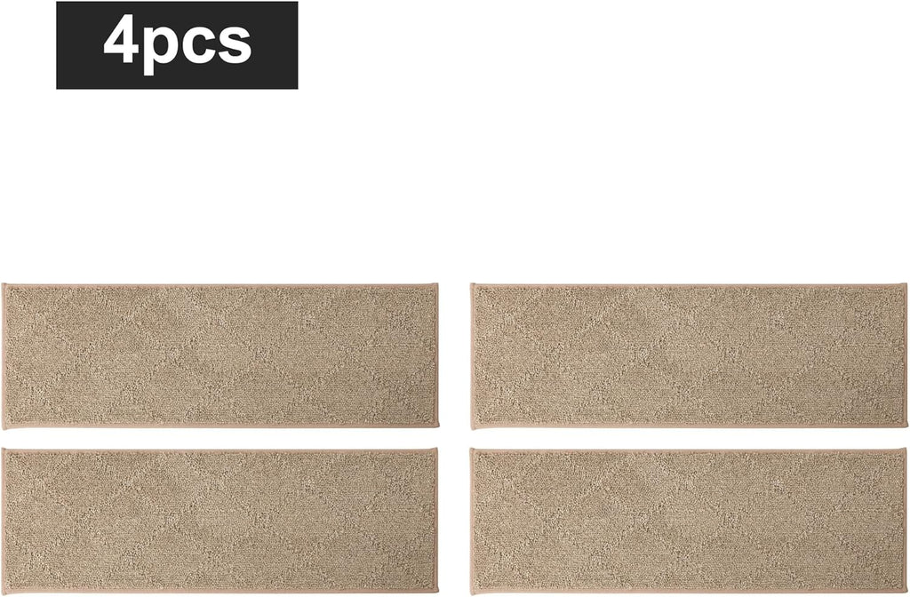 COSY HOMEER Edging Stair Treads Non-Slip Carpet Mat 28inX9in Indoor Stair Runners for Wooden Steps, Edging Stair Rugs for Kids and Dogs, 100% Polyester TPE Backing(4pc, Beige)