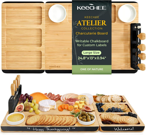 Charcuterie Boards Set of Christmas Gifts: Large Bamboo Cheese Board Set with Chalkboard Edge & Forks Set - Ideal for Housewarming Gift, Weddings, Bridal Showers, and Unique Gifts for Womem