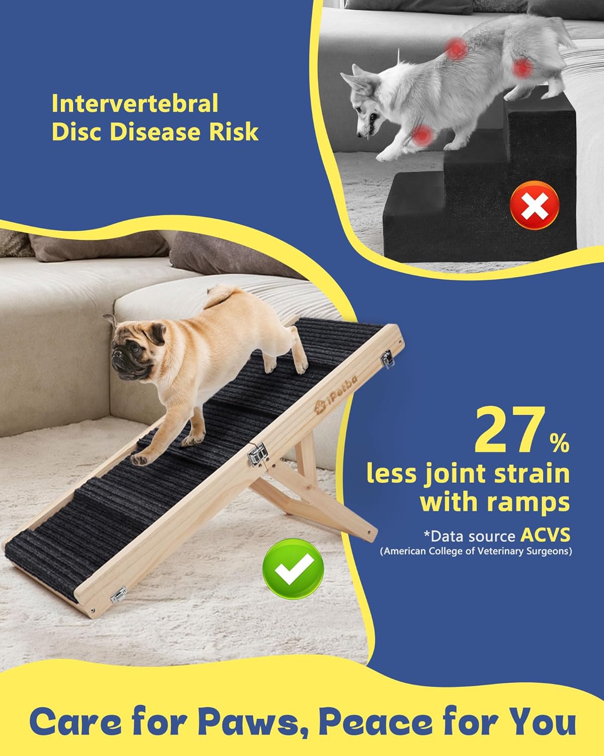 Dog Ramp for Couch & Low Bed - Joint & Spine Support with Gentle Incline for Small Dogs, Adjustable, Anti-Slip & Foldable, Up to 35 lbs