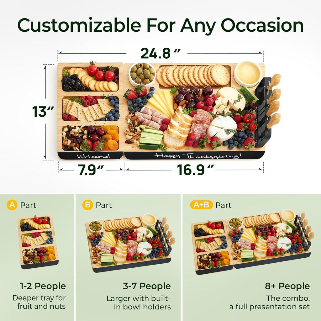 Charcuterie Boards Set of Christmas Gifts: Large Bamboo Cheese Board Set with Chalkboard Edge & Forks Set - Ideal for Housewarming Gift, Weddings, Bridal Showers, and Unique Gifts for Womem