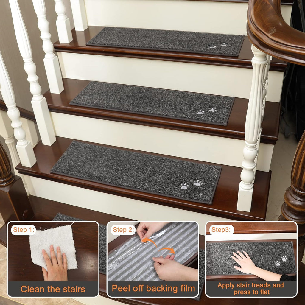 BEQHAUSE Stair Treads for Wooden Steps 28inX9in, Non Slip Carpet Stair Treads Indoor Stair Runners Machine Washable, Soft Stair Rugs Mat Surface Polyester TPE Backing, 15pcs, Charcoal
