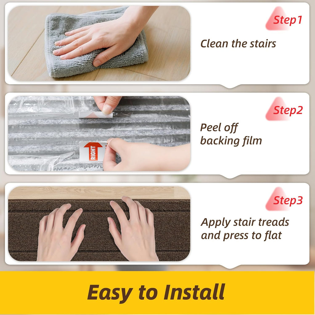 Non-Slip Stair Treads for Wooden Steps Indoor, 4 Pack 8" X 30" Edging Stair Rugs with TPE Backing, Carpet Stair Treads for Kids Elders & Pets, 100% Polyester Soft Stair Runners, Brown