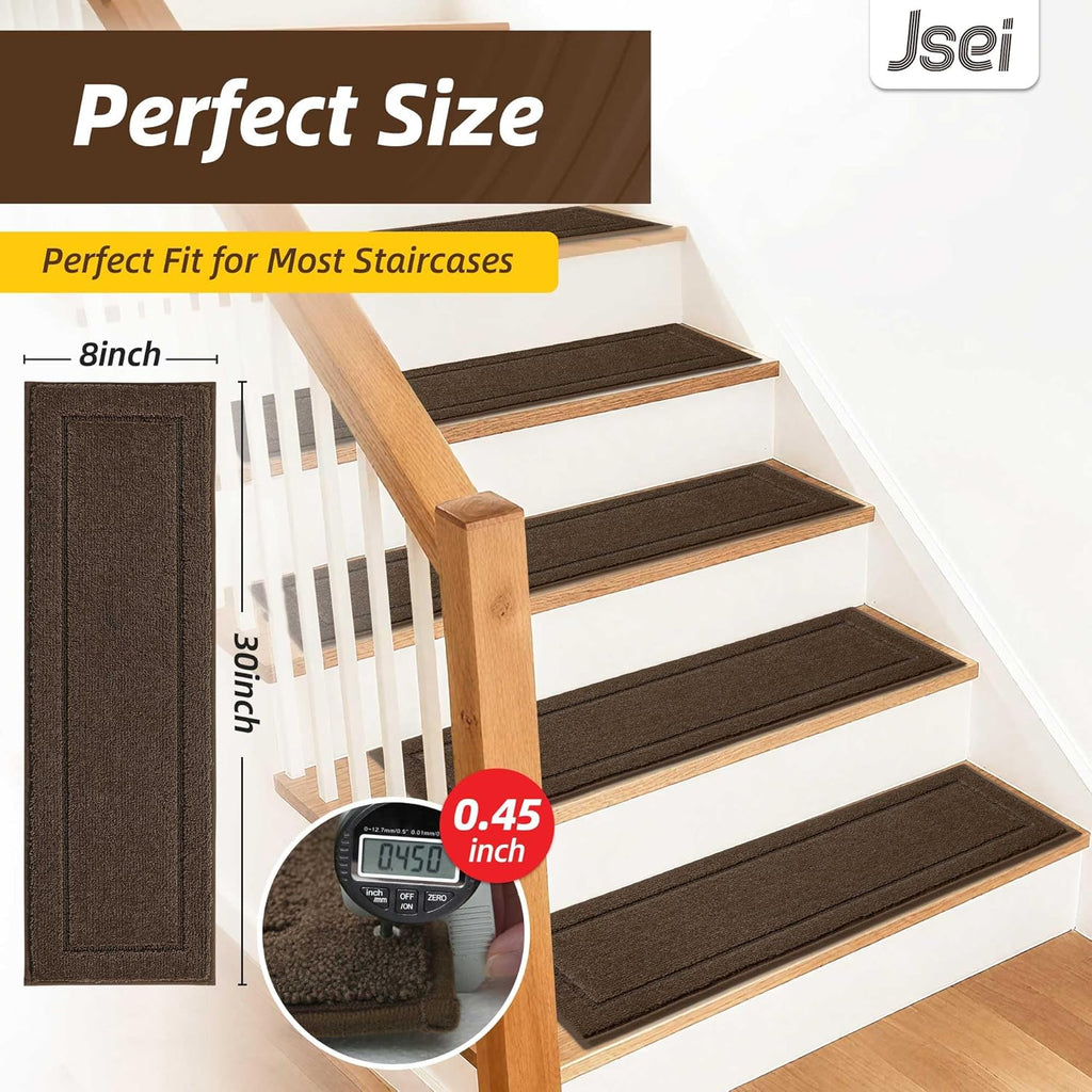 Non-Slip Stair Treads for Wooden Steps Indoor, 4 Pack 8" X 30" Edging Stair Rugs with TPE Backing, Carpet Stair Treads for Kids Elders & Pets, 100% Polyester Soft Stair Runners, Brown