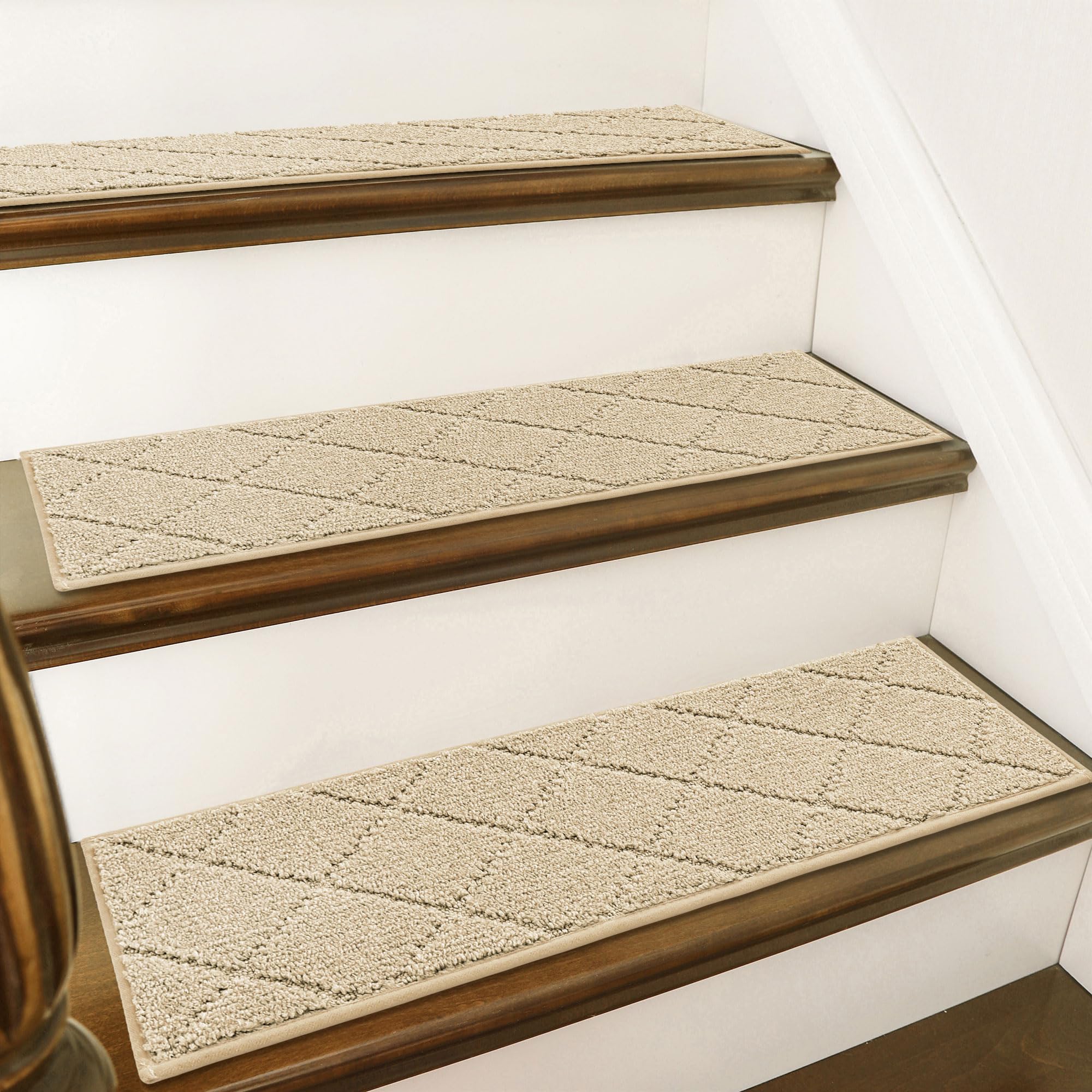COSY HOMEER Edging Stair Treads Non-Slip Carpet Mat 28inX9in Indoor Stair Runners for Wooden Steps, Edging Stair Rugs for Kids and Dogs, 100% Polyester TPE Backing(4pc, Beige)