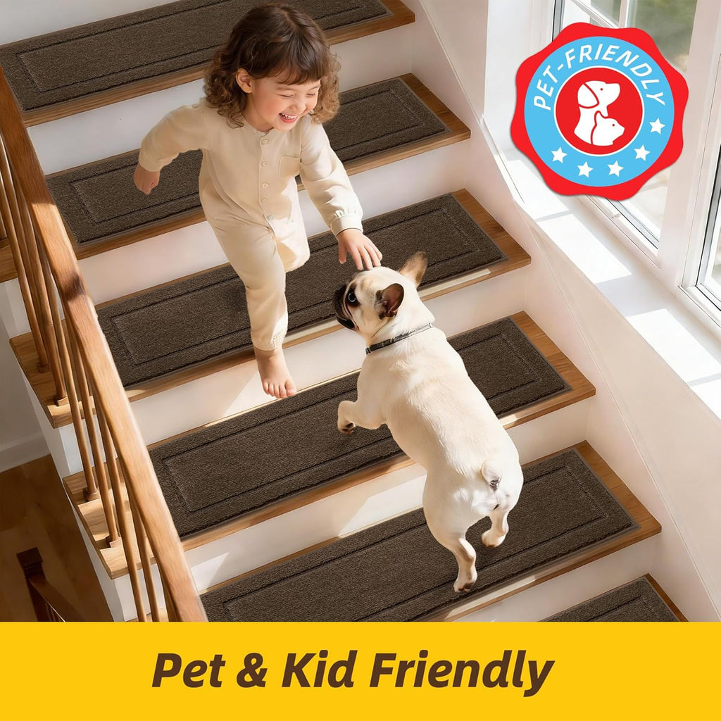 Non-Slip Stair Treads for Wooden Steps Indoor, 4 Pack 8" X 30" Edging Stair Rugs with TPE Backing, Carpet Stair Treads for Kids Elders & Pets, 100% Polyester Soft Stair Runners, Brown