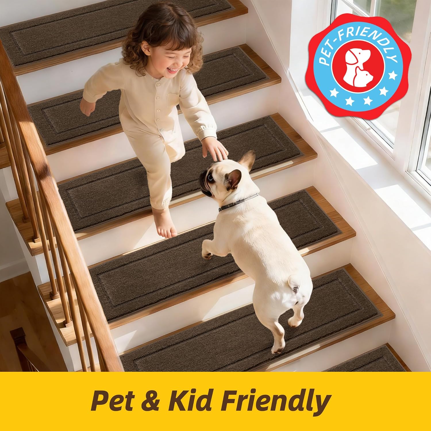 Non-Slip Stair Treads for Wooden Steps Indoor, 4 Pack 8" X 30" Edging Stair Rugs with TPE Backing, Carpet Stair Treads for Kids Elders & Pets, 100% Polyester Soft Stair Runners, Brown