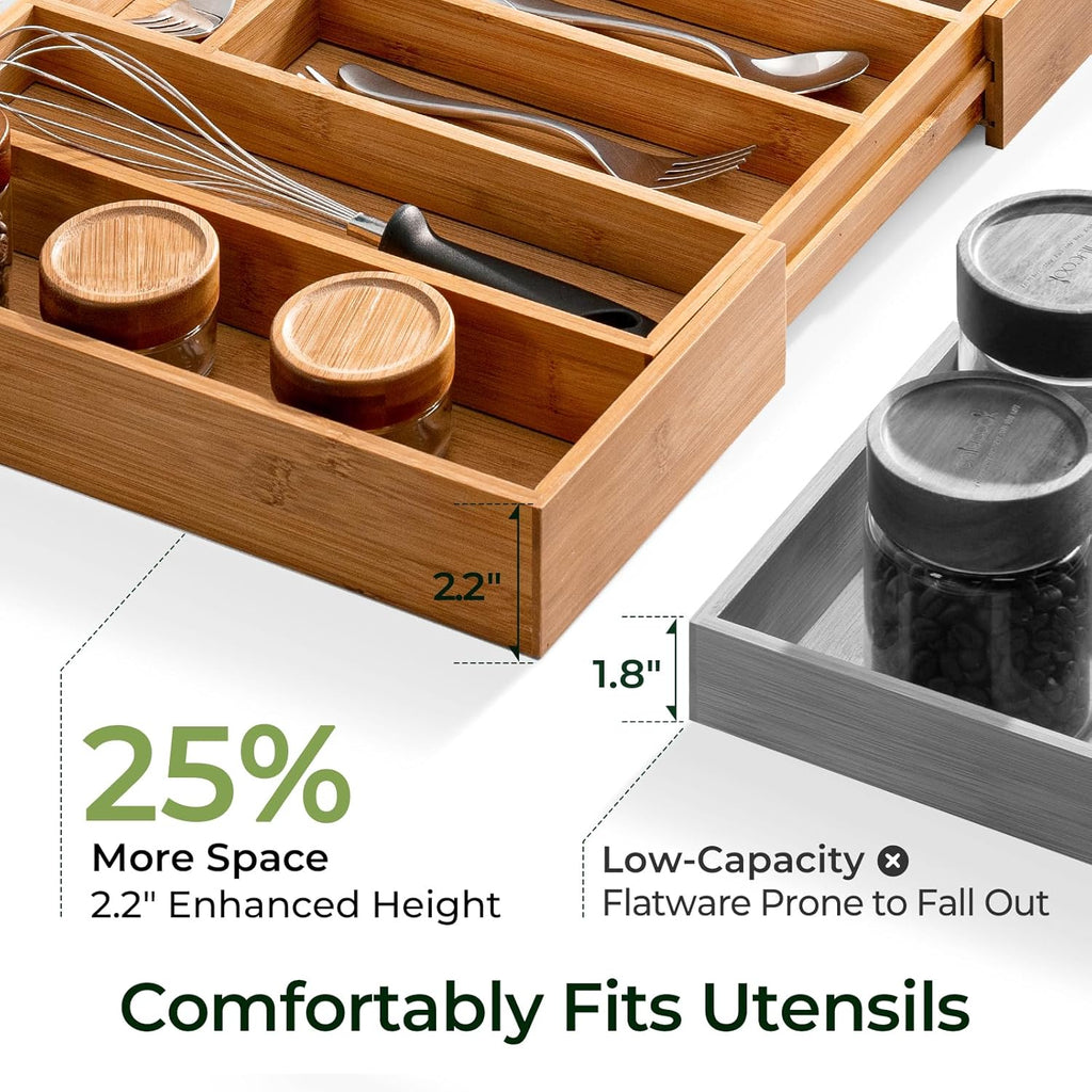 Carbonized Bamboo Kitchen Drawer Organizer, 10 Slots Expandable Silverware Organizer, Utensil Holder & Cutlery Tray, 2.2" Deep for Extra Capacity, Non-Slip Feet Included