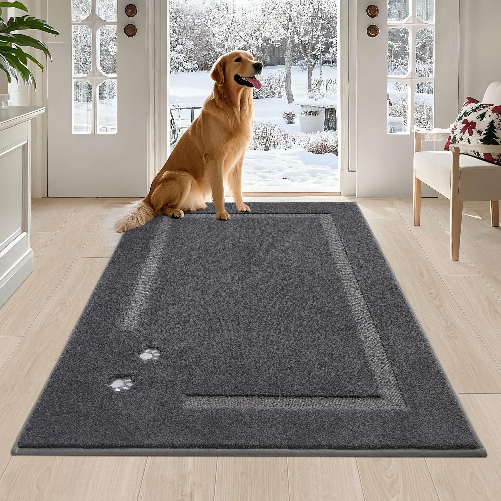 BEQHAUSE Dog Door Mat for Muddy Paws 32"x48" Dirt Trapper Absorbent Doormat Non Slip Entryway Rugs Washable Stain Resistant Welcome Floor Mat Soft Low-Profile for Front Back Door, Dark Grey