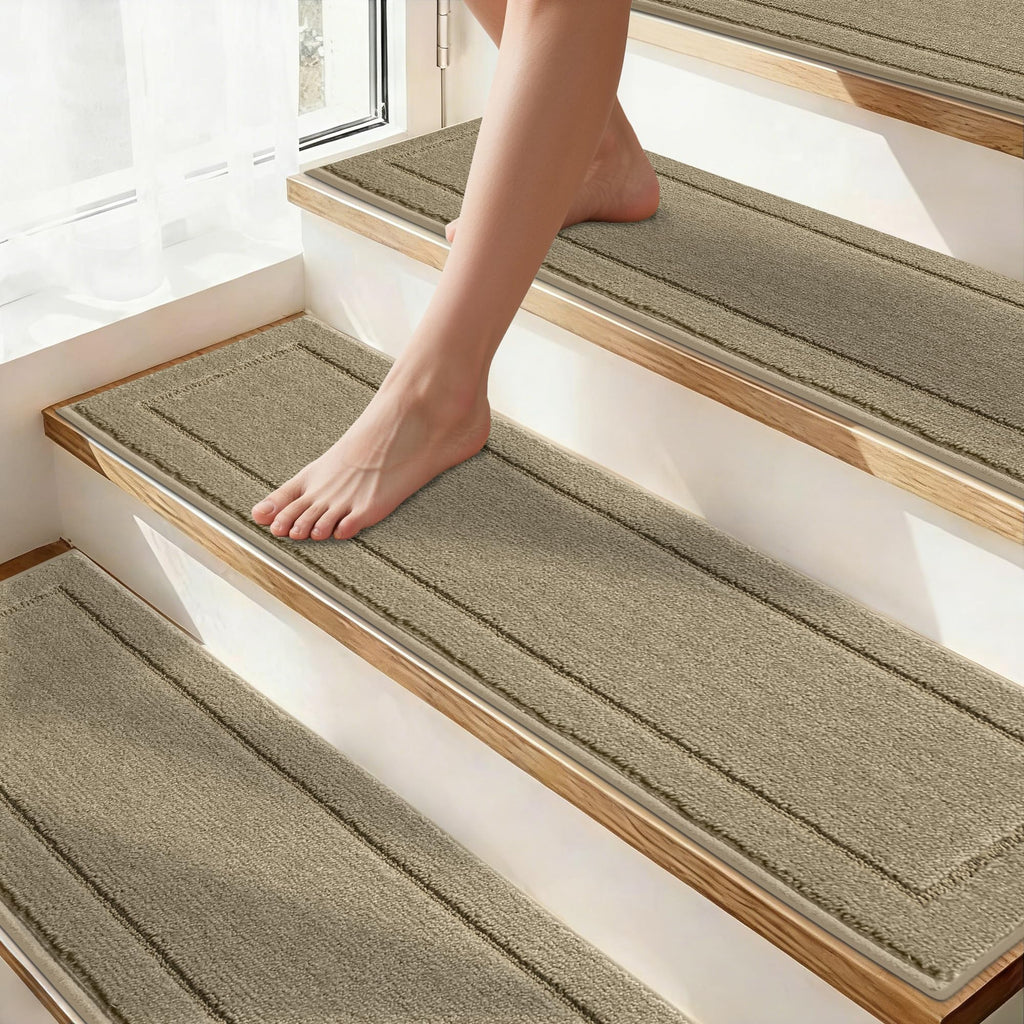 Non-Slip Stair Treads for Wooden Steps Indoor, 4 Pack 8" X 30" Edging Stair Rugs with TPE Backing, Carpet Stair Treads for Kids Elders & Pets, 100% Polyester Soft Stair Runners, Brown