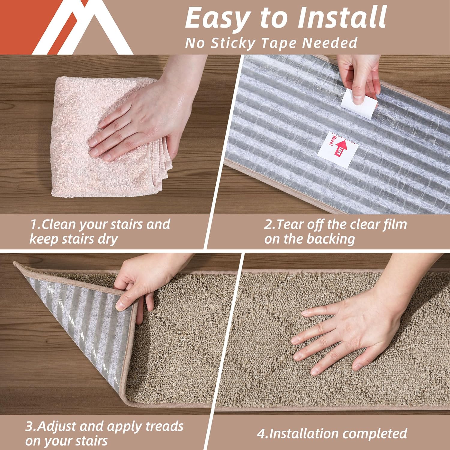 COSY HOMEER Edging Stair Treads Non-Slip Carpet Mat 28inX9in Indoor Stair Runners for Wooden Steps, Edging Stair Rugs for Kids and Dogs, 100% Polyester TPE Backing(4pc, Beige)