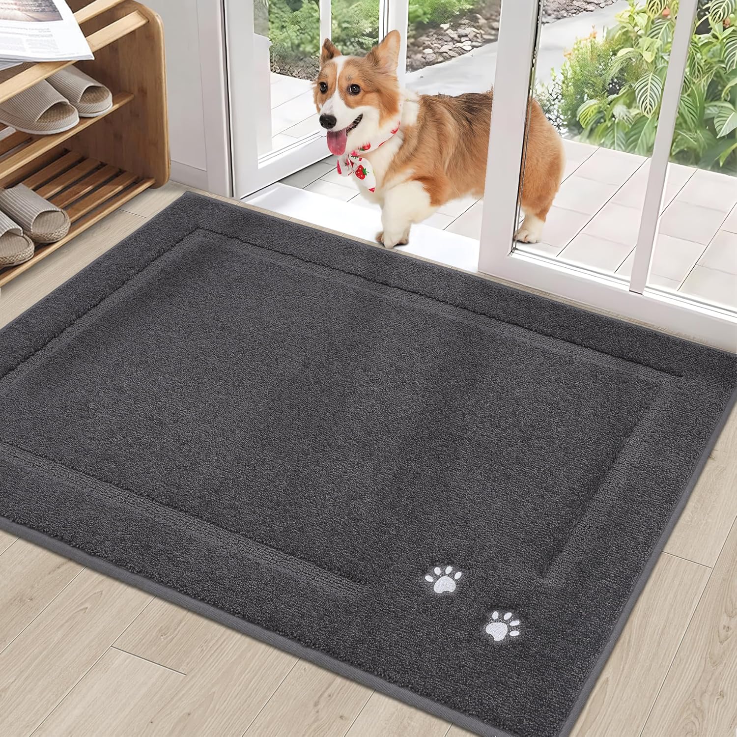 BEQHAUSE Dog Door Mat for Muddy Paws 32"x48" Dirt Trapper Absorbent Doormat Non Slip Entryway Rugs Washable Stain Resistant Welcome Floor Mat Soft Low-Profile for Front Back Door, Dark Grey