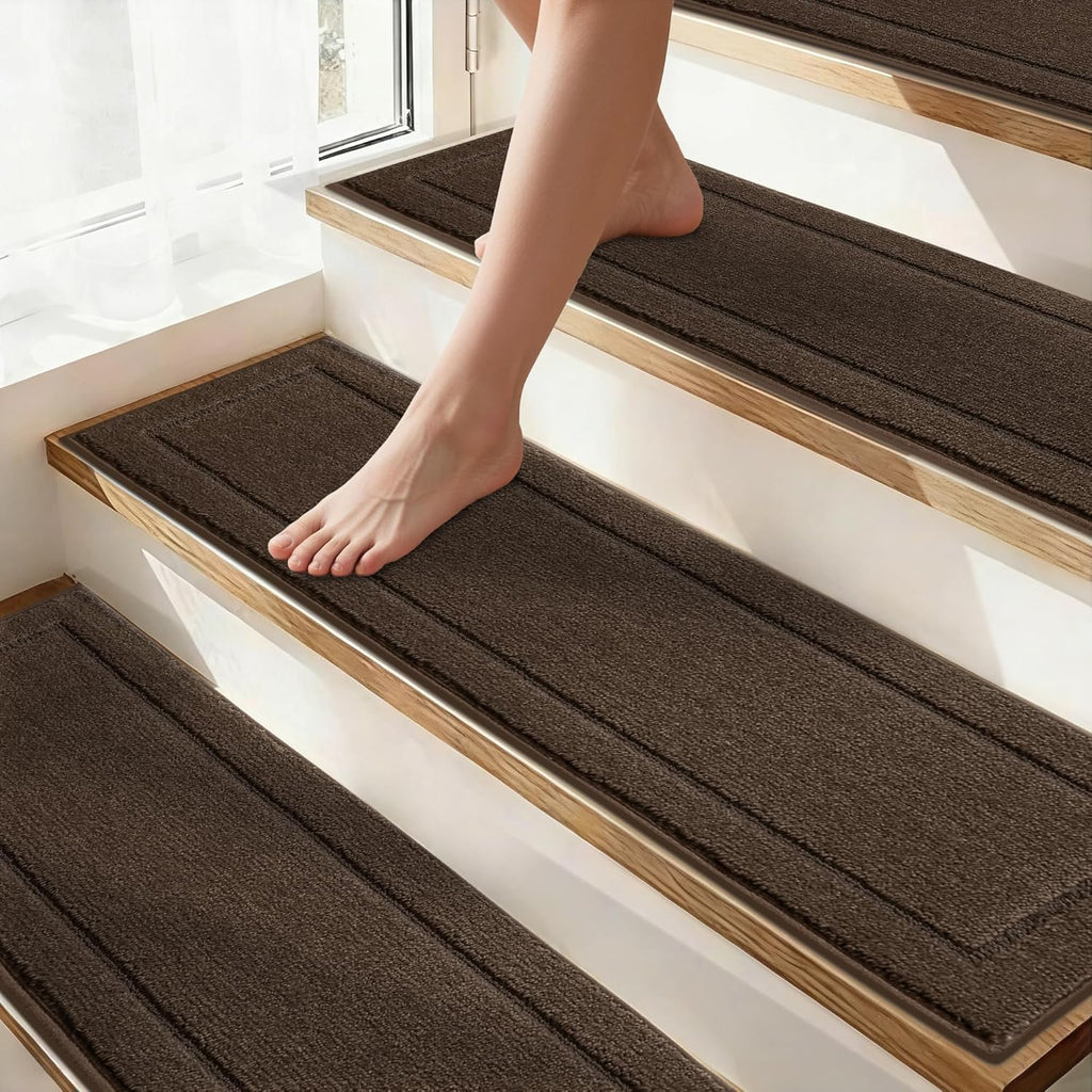 Non-Slip Stair Treads for Wooden Steps Indoor, 4 Pack 8" X 30" Edging Stair Rugs with TPE Backing, Carpet Stair Treads for Kids Elders & Pets, 100% Polyester Soft Stair Runners, Brown
