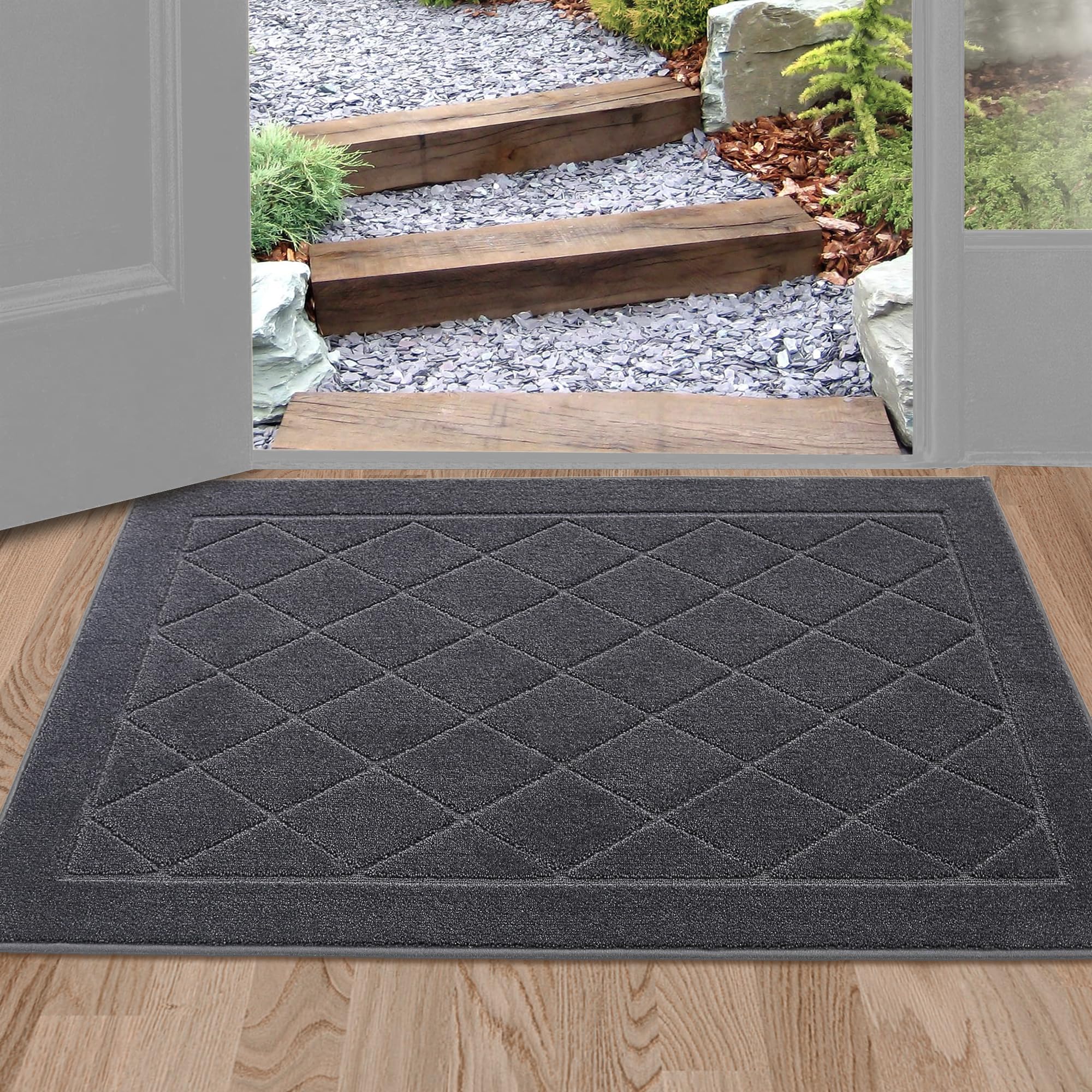 BEQHAUSE Dirt Trapper Door Mat 32" x 48", Doormat Non-Slip Entryway Rugs Washable, Dog Door Mat Stain Resistant and Absorbent Welcome Floor Mat for Front Back Door, Mud Wet Shoes & Paws, Dark Grey