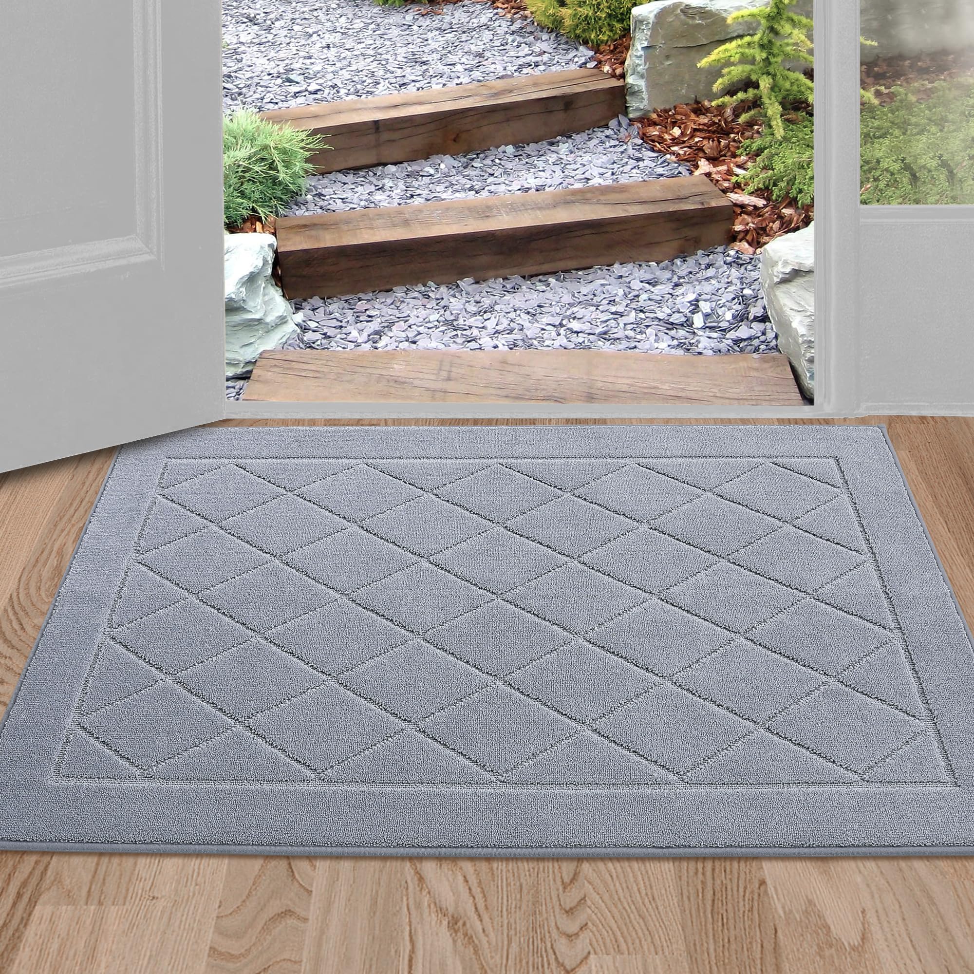 BEQHAUSE Dirt Trapper Door Mat 32" x 48", Doormat Non-Slip Entryway Rugs Washable, Dog Door Mat Stain Resistant and Absorbent Welcome Floor Mat for Front Back Door, Mud Wet Shoes & Paws, Dark Grey