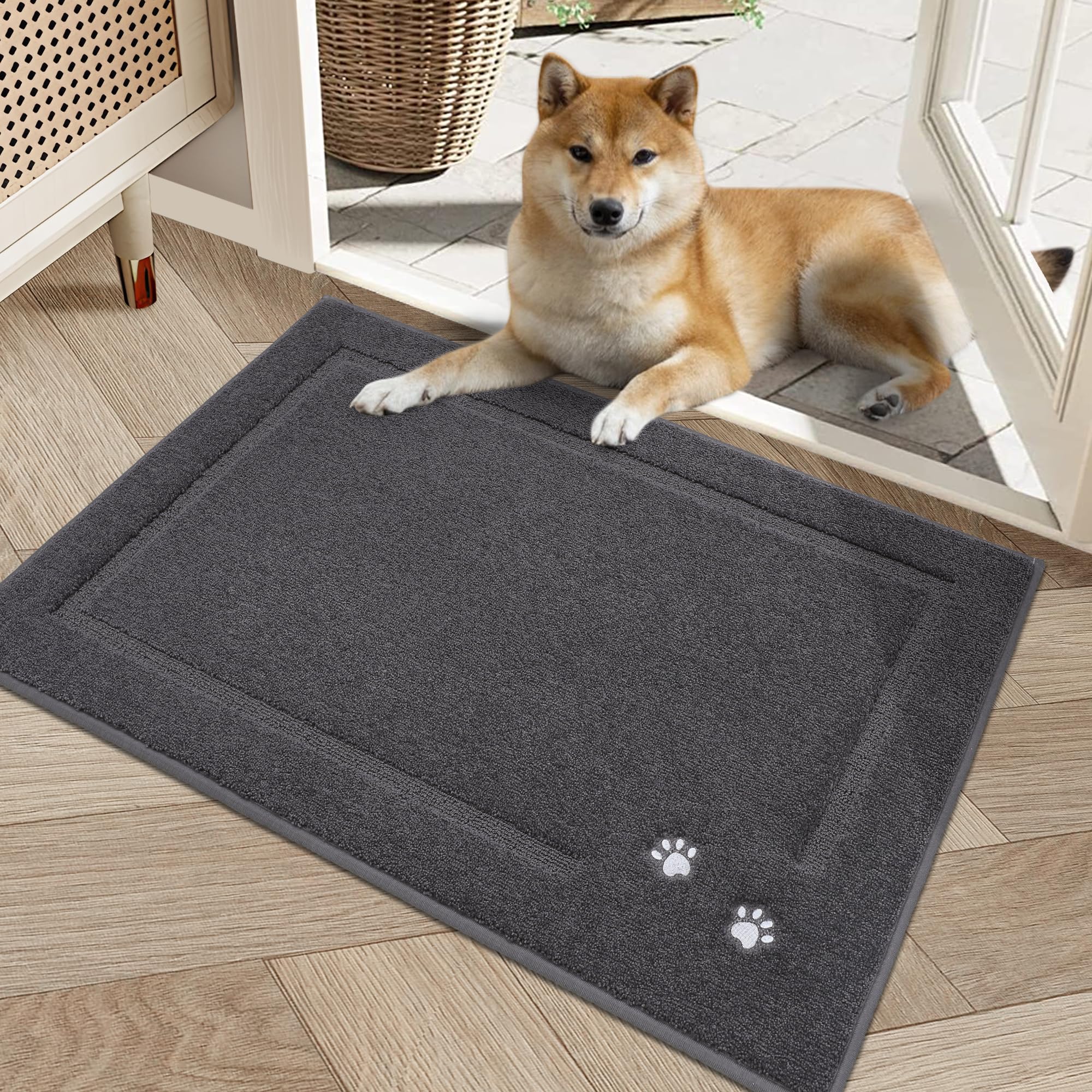 BEQHAUSE Dog Door Mat for Muddy Paws 32"x48" Dirt Trapper Absorbent Doormat Non Slip Entryway Rugs Washable Stain Resistant Welcome Floor Mat Soft Low-Profile for Front Back Door, Dark Grey