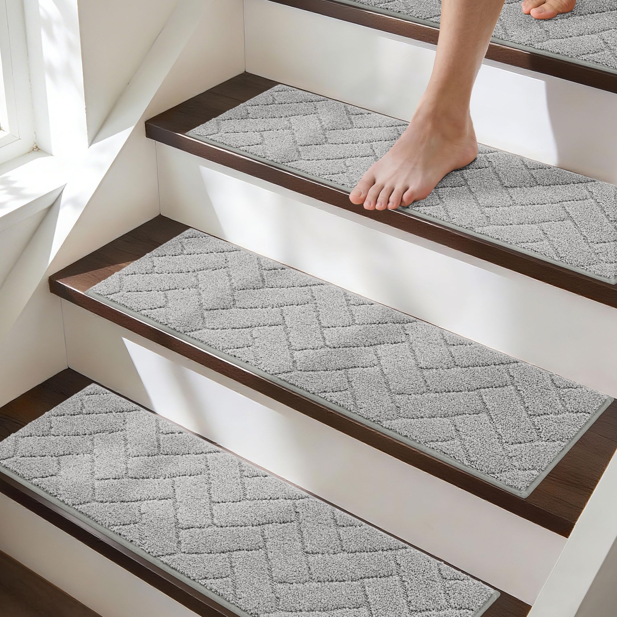 BEQHAUSE Stair Treads for Wooden Steps 28inX9in, Non Slip Carpet Stair Treads Indoor Stair Runners Machine Washable, Soft Stair Rugs Mat Surface Polyester TPE Backing, 15pcs, Charcoal