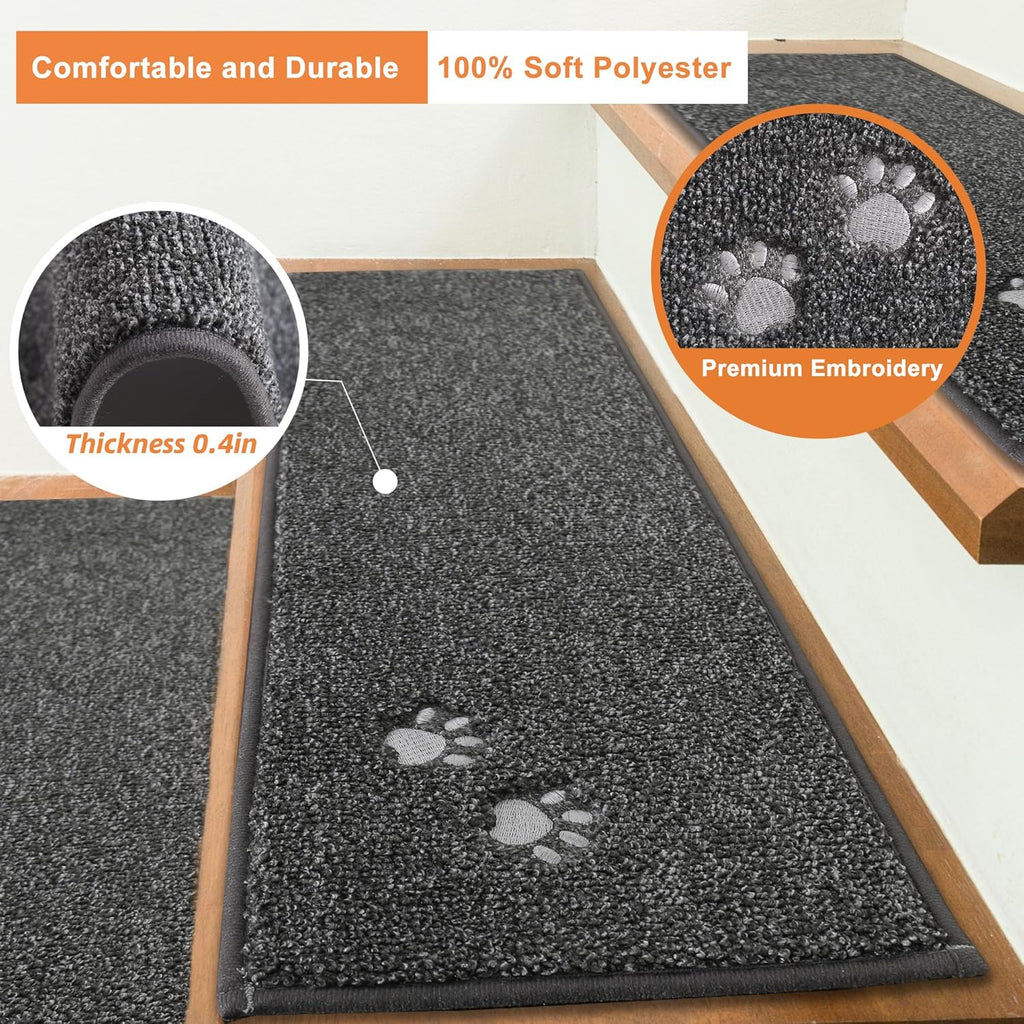 BEQHAUSE Stair Treads for Wooden Steps 28inX9in, Non Slip Carpet Stair Treads Indoor Stair Runners Machine Washable, Soft Stair Rugs Mat Surface Polyester TPE Backing, 15pcs, Charcoal