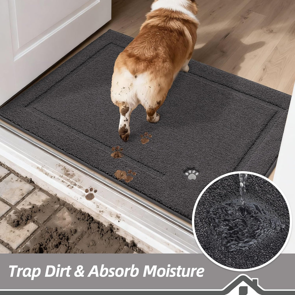 BEQHAUSE Dog Door Mat for Mud Paws Dirt Trapper Doormat Non-Slip Entryway Rugs Absorbent Welcome Mat Washable Indoor Floor Mat Low-Profile for Front Door, 20" x 32", Dark Grey