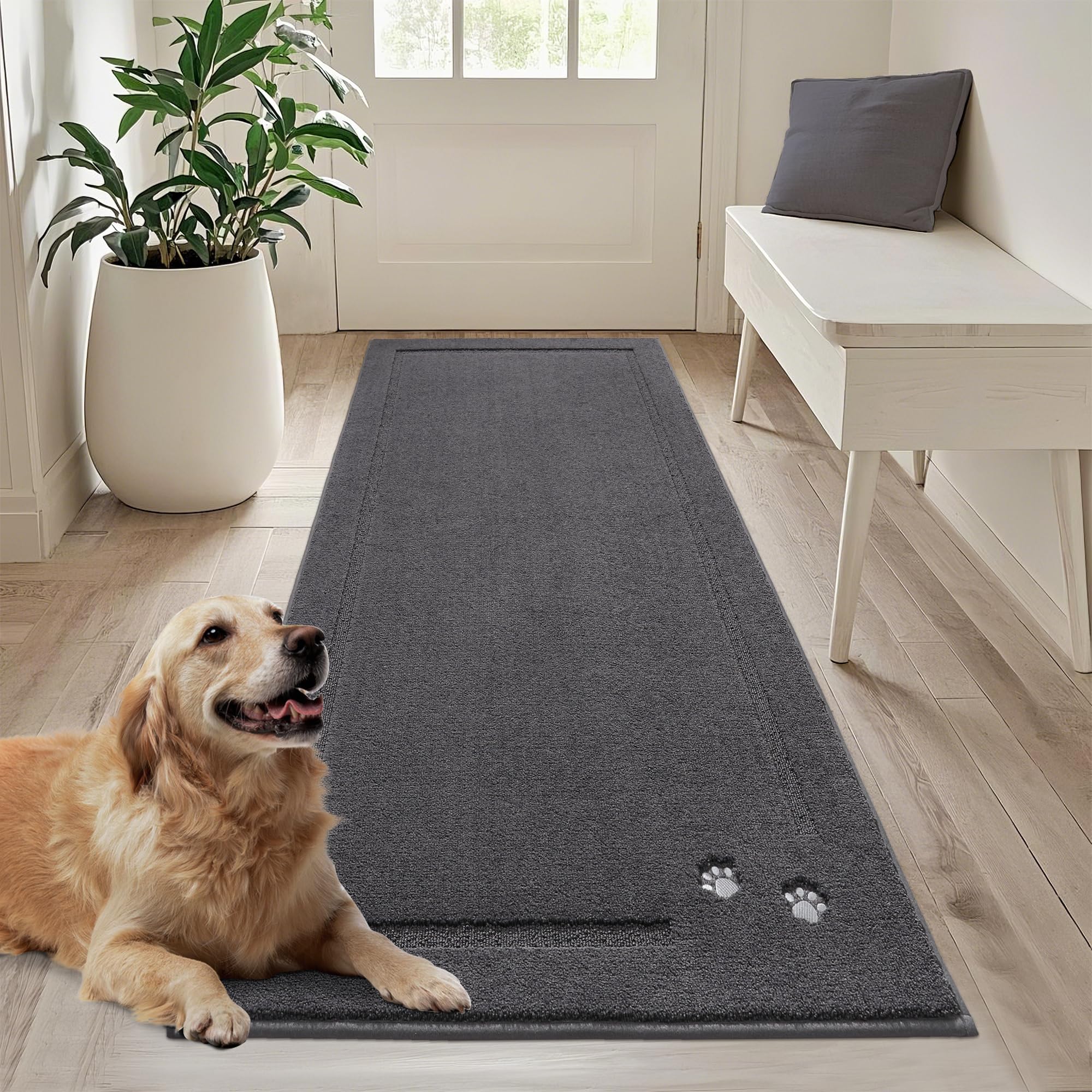 BEQHAUSE Dog Door Mat for Muddy Paws 32"x48" Dirt Trapper Absorbent Doormat Non Slip Entryway Rugs Washable Stain Resistant Welcome Floor Mat Soft Low-Profile for Front Back Door, Dark Grey
