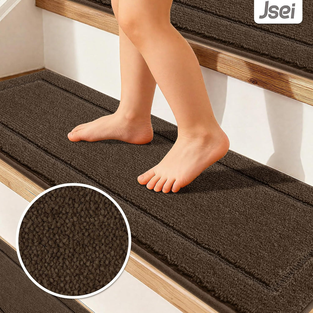 Non-Slip Stair Treads for Wooden Steps Indoor, 4 Pack 8" X 30" Edging Stair Rugs with TPE Backing, Carpet Stair Treads for Kids Elders & Pets, 100% Polyester Soft Stair Runners, Brown