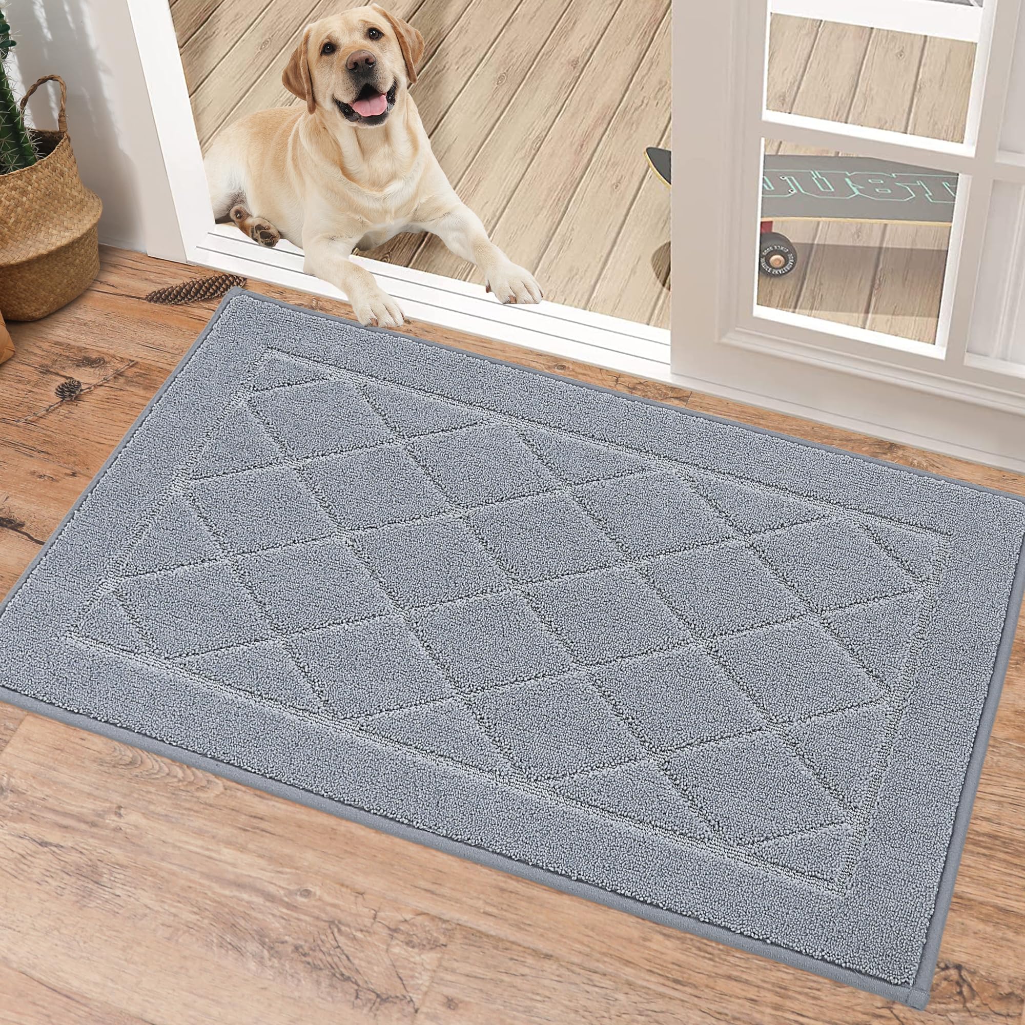BEQHAUSE Dirt Trapper Door Mat 32" x 48", Doormat Non-Slip Entryway Rugs Washable, Dog Door Mat Stain Resistant and Absorbent Welcome Floor Mat for Front Back Door, Mud Wet Shoes & Paws, Dark Grey