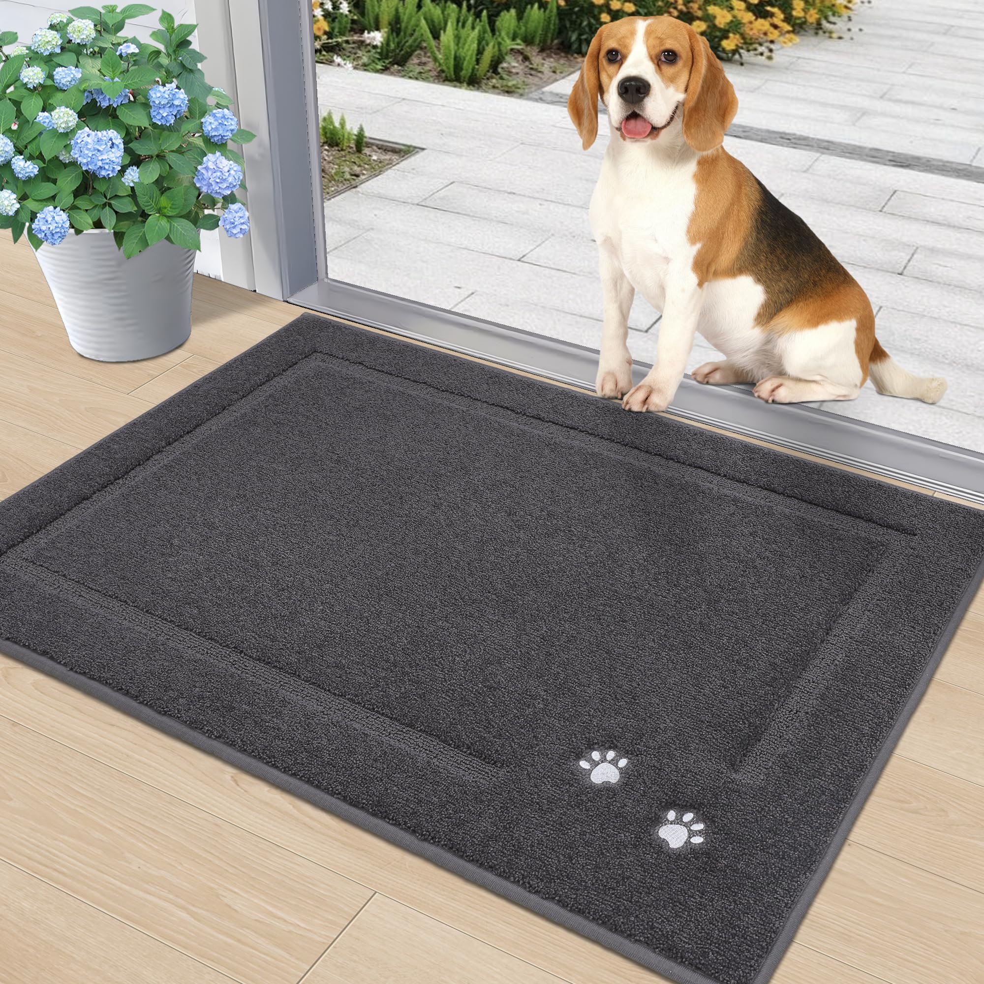 BEQHAUSE Dog Door Mat for Muddy Paws 32"x48" Dirt Trapper Absorbent Doormat Non Slip Entryway Rugs Washable Stain Resistant Welcome Floor Mat Soft Low-Profile for Front Back Door, Dark Grey