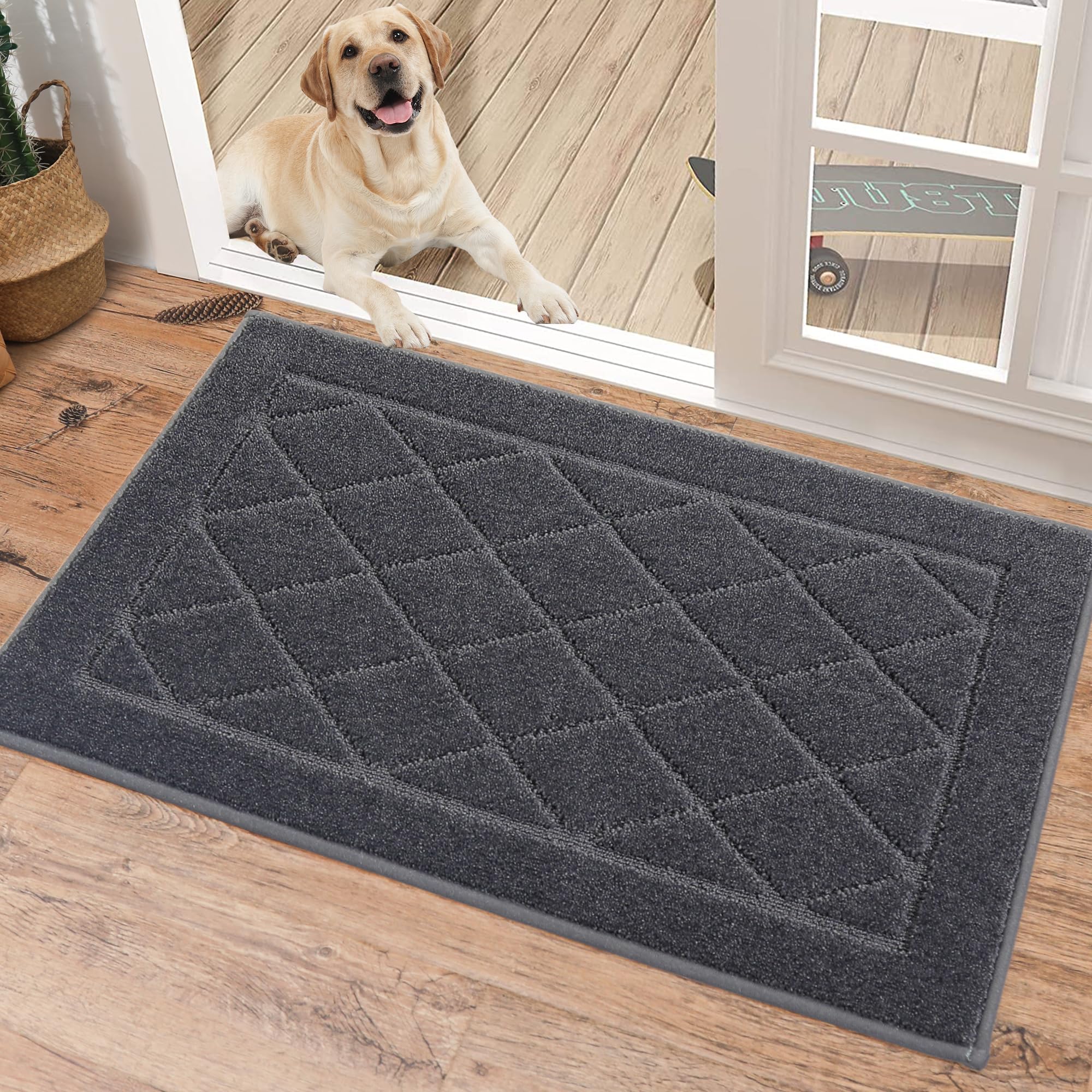 BEQHAUSE Dirt Trapper Door Mat 32" x 48", Doormat Non-Slip Entryway Rugs Washable, Dog Door Mat Stain Resistant and Absorbent Welcome Floor Mat for Front Back Door, Mud Wet Shoes & Paws, Dark Grey