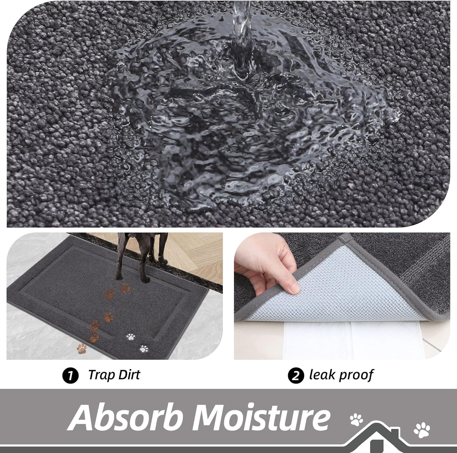 BEQHAUSE Dog Door Mat for Muddy Paws 32"x48" Dirt Trapper Absorbent Doormat Non Slip Entryway Rugs Washable Stain Resistant Welcome Floor Mat Soft Low-Profile for Front Back Door, Dark Grey