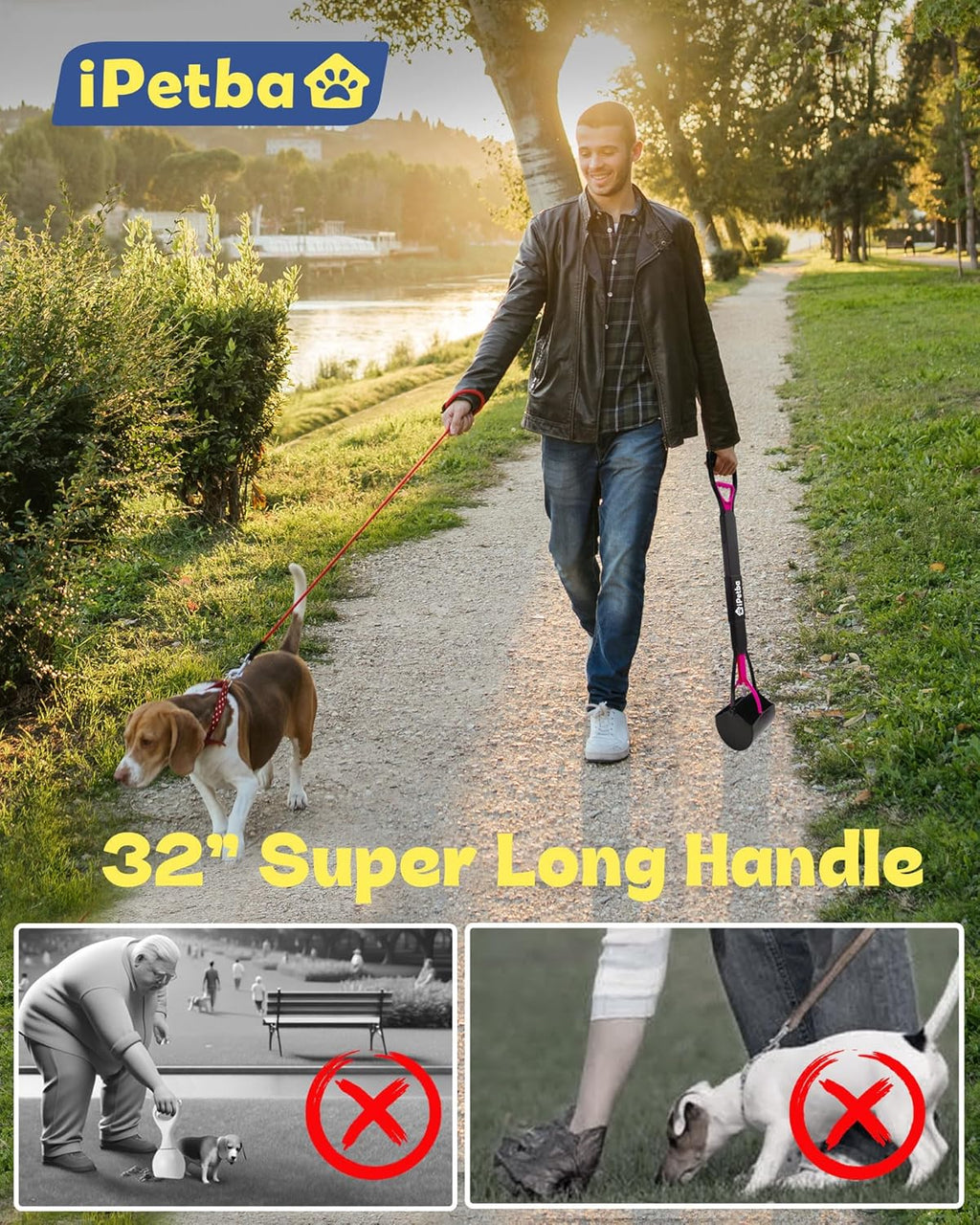 32" Long Handle Dog Pooper Scooper for Yard – No Bending, Clean Pickup on Grass, Gravel & Sand, Easy to Clean & Durable