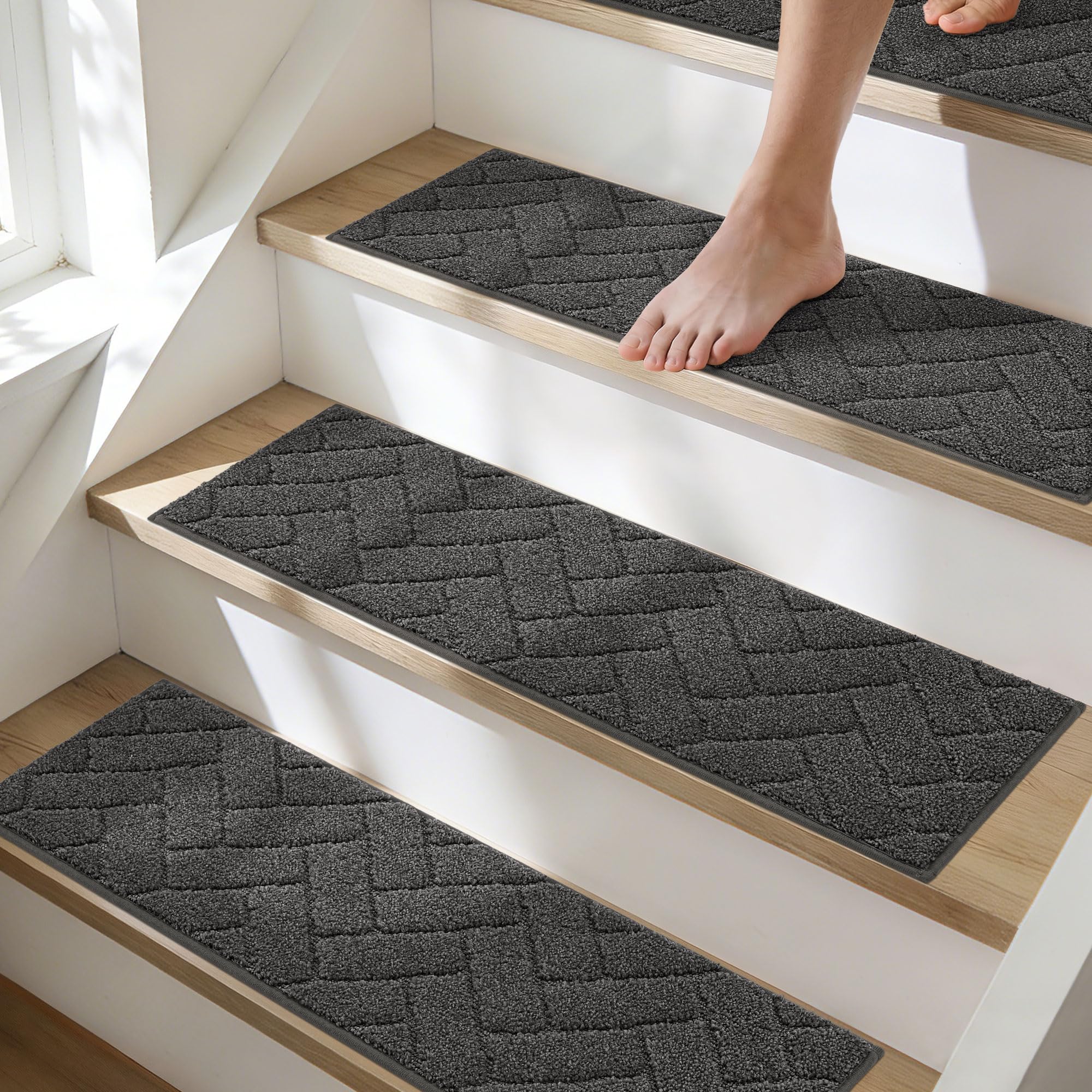 BEQHAUSE Stair Treads for Wooden Steps 28inX9in, Non Slip Carpet Stair Treads Indoor Stair Runners Machine Washable, Soft Stair Rugs Mat Surface Polyester TPE Backing, 15pcs, Charcoal