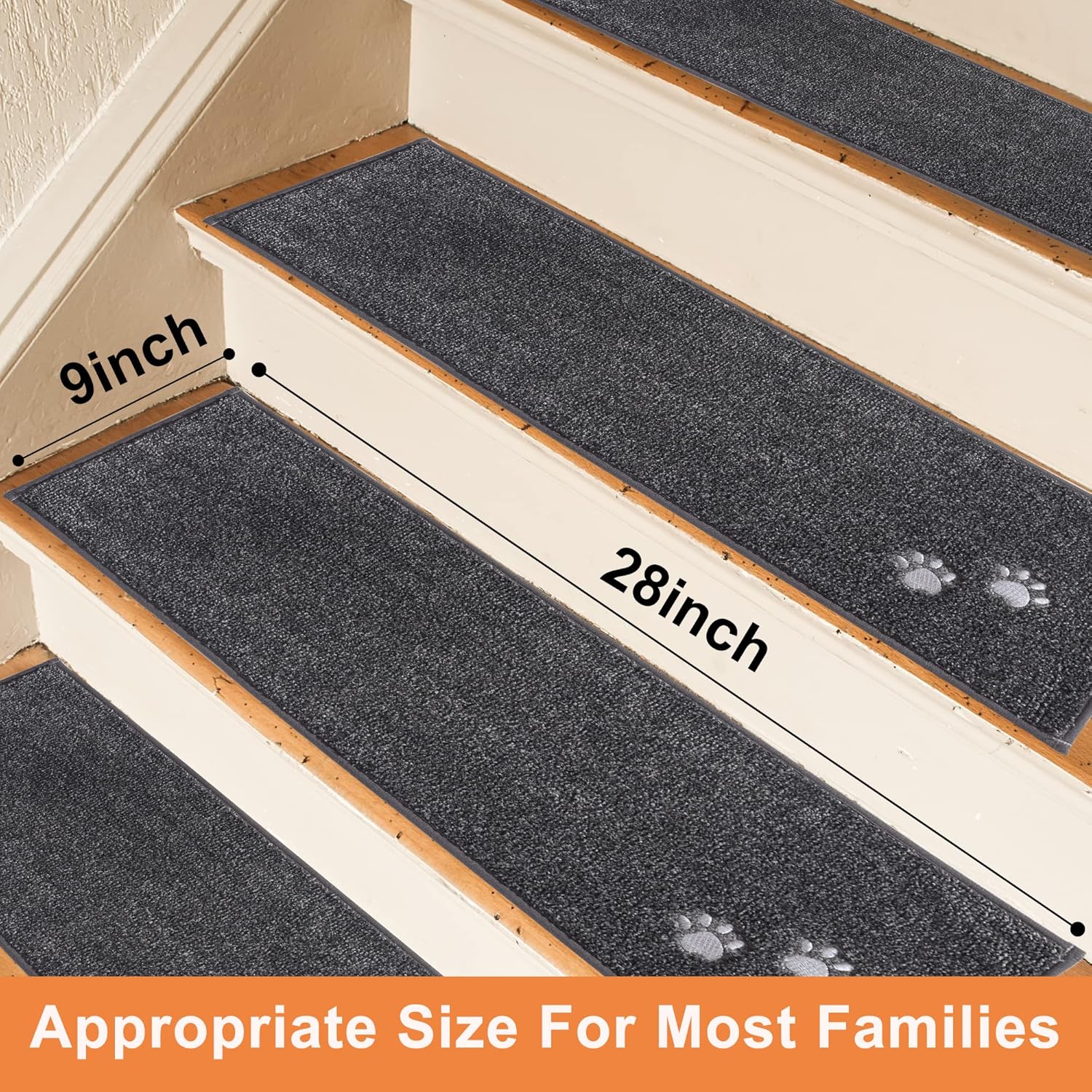 BEQHAUSE Stair Treads for Wooden Steps 28inX9in, Non Slip Carpet Stair Treads Indoor Stair Runners Machine Washable, Soft Stair Rugs Mat Surface Polyester TPE Backing, 15pcs, Charcoal