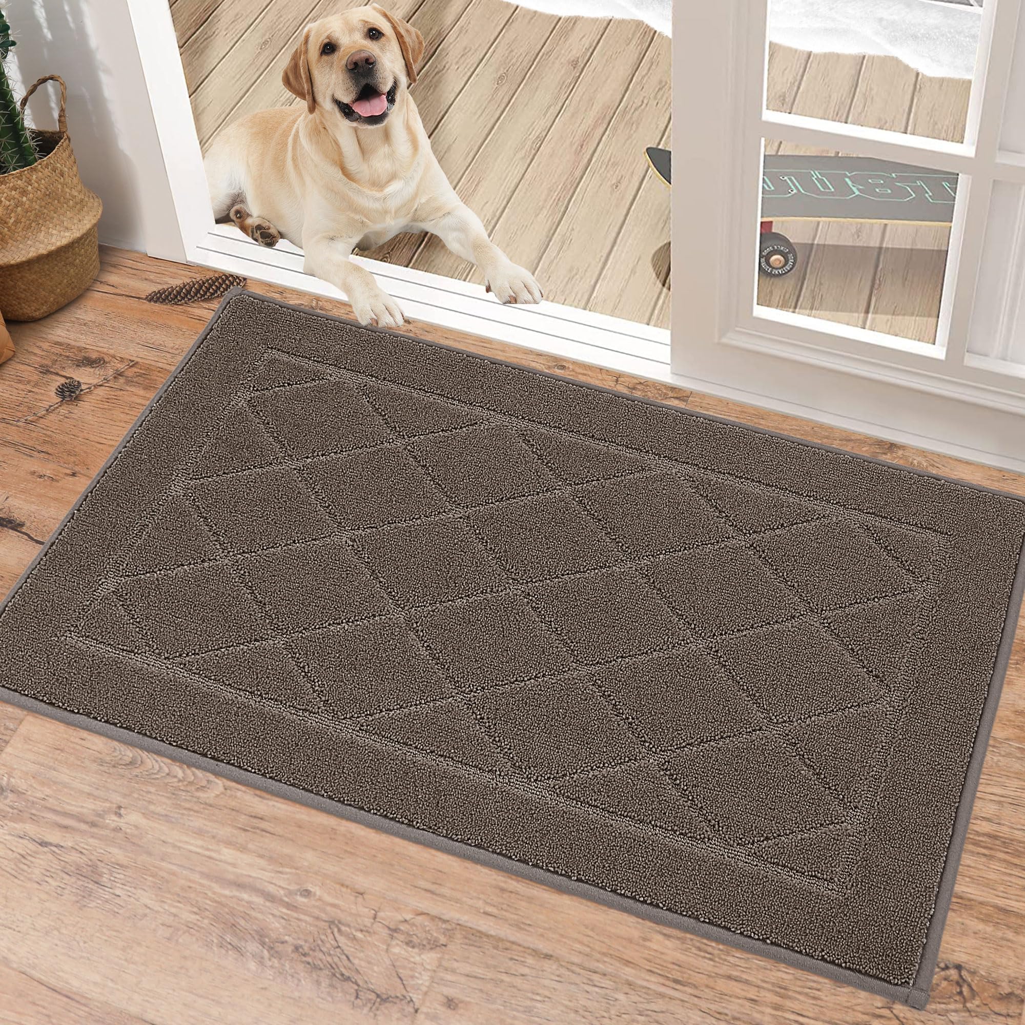 BEQHAUSE Dirt Trapper Door Mat 32" x 48", Doormat Non-Slip Entryway Rugs Washable, Dog Door Mat Stain Resistant and Absorbent Welcome Floor Mat for Front Back Door, Mud Wet Shoes & Paws, Dark Grey