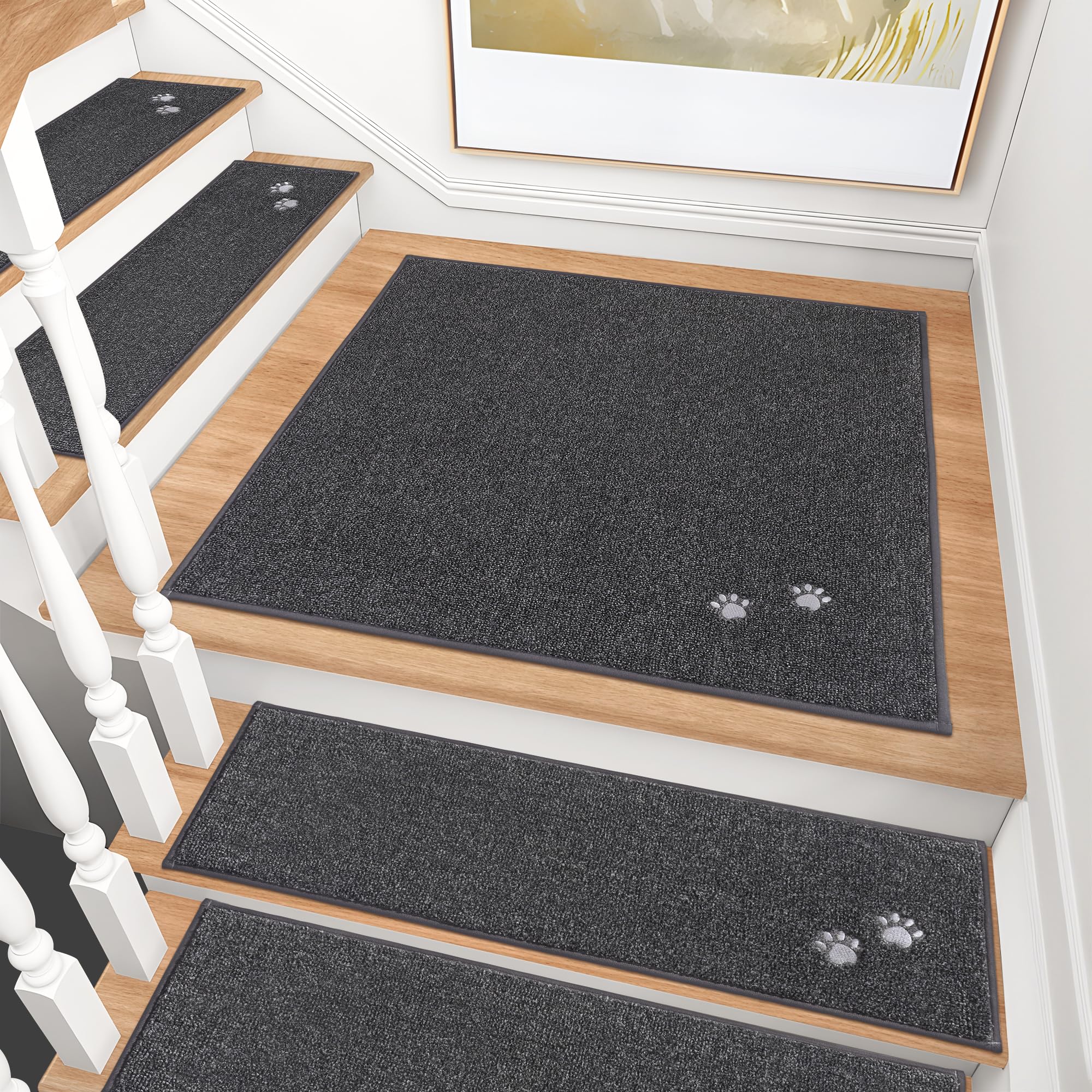 BEQHAUSE Stair Treads for Wooden Steps 28inX9in, Non Slip Carpet Stair Treads Indoor Stair Runners Machine Washable, Soft Stair Rugs Mat Surface Polyester TPE Backing, 15pcs, Charcoal