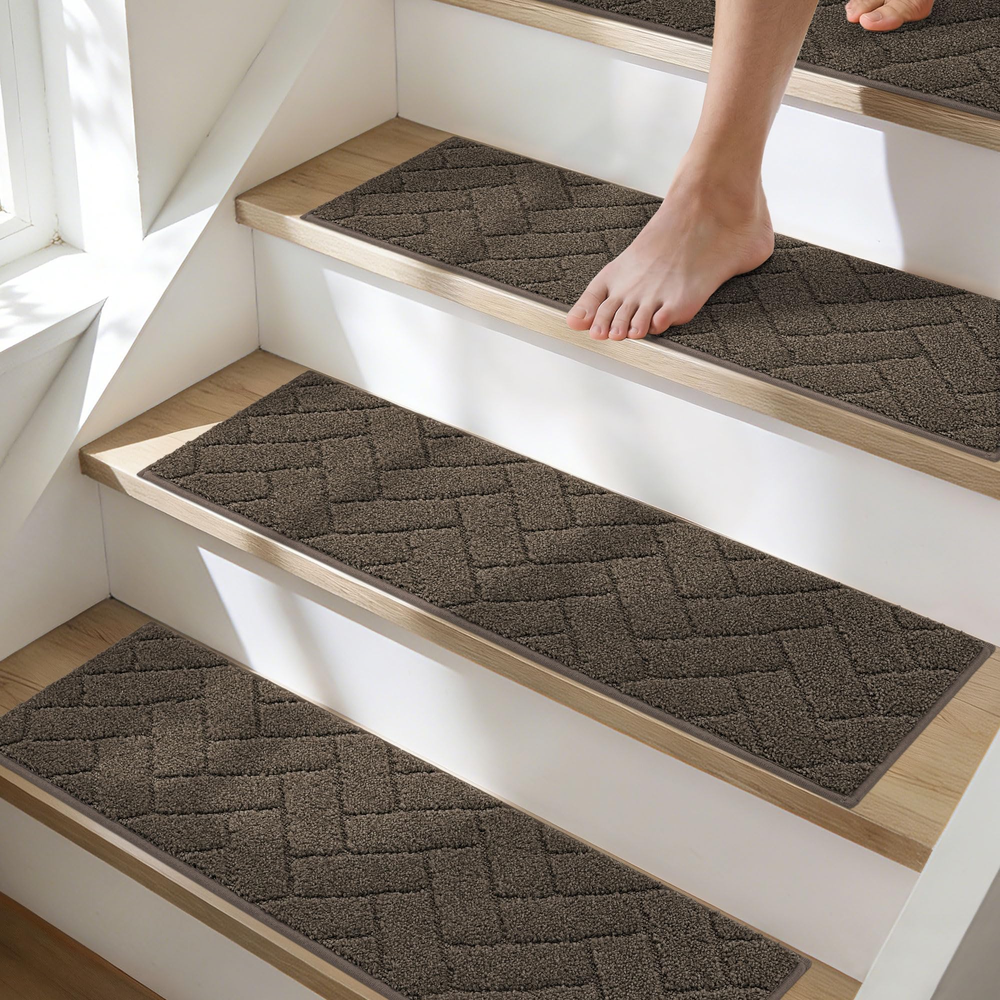 BEQHAUSE Stair Treads for Wooden Steps 28inX9in, Non Slip Carpet Stair Treads Indoor Stair Runners Machine Washable, Soft Stair Rugs Mat Surface Polyester TPE Backing, 15pcs, Charcoal